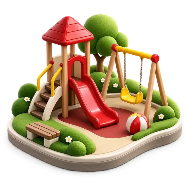 Embassy Biome children's play area with slide, swings, seating and landscape