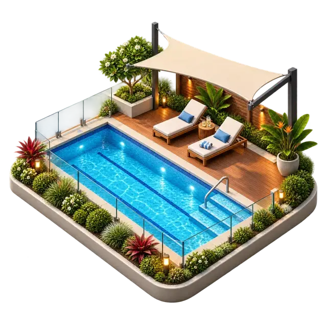 Embassy Biome swimming pool with leisure deck, seating and planted surroundings