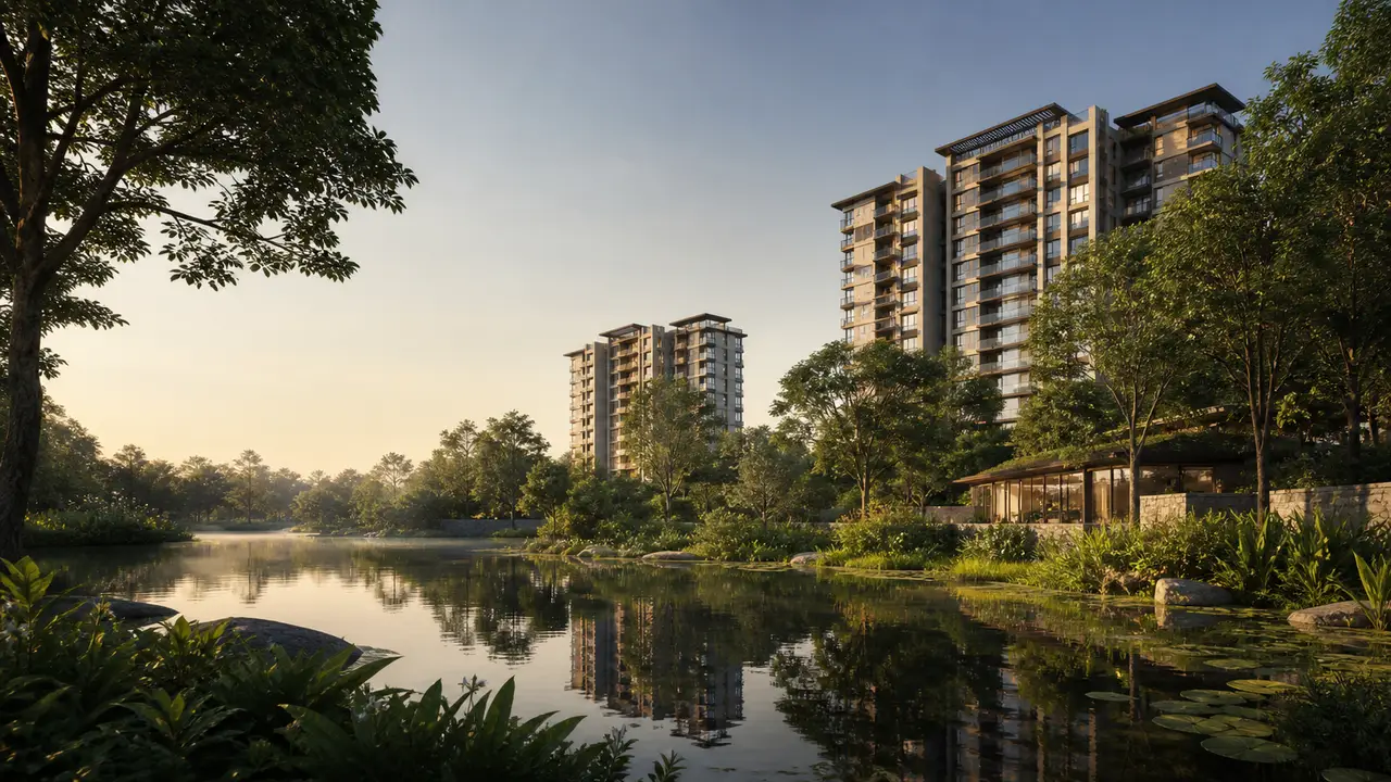 Embassy Biome contemporary apartment buildings beyond a planted waterside landscape